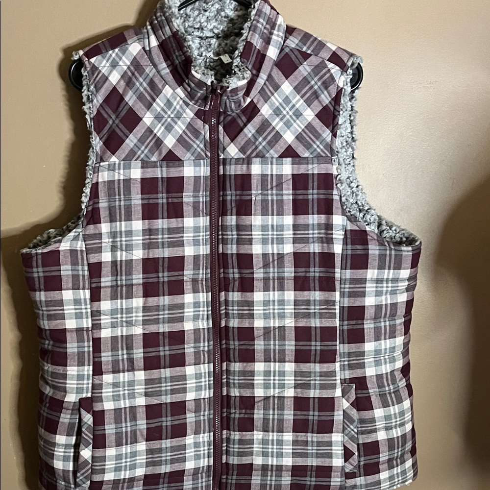 😄Fluffy fleece lined warm vest zipper pockets plaid